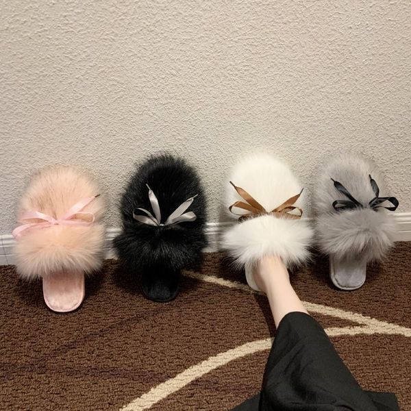 

cover toe low shoes butterfly-knot plush slippers for adults slipers women flock slides fur flat soft 2020 massage rome fabric, Black