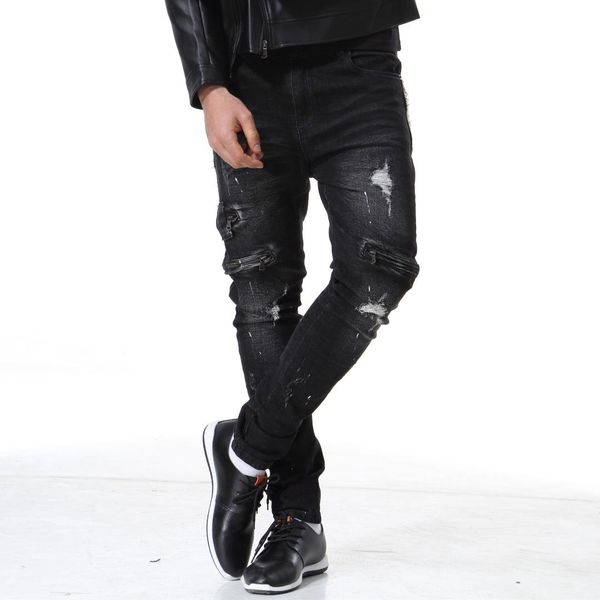 

2019 spring new style men with holes jeans pure cotton slim fit straight-cut cowboy trousers ripped jeans y610, Blue