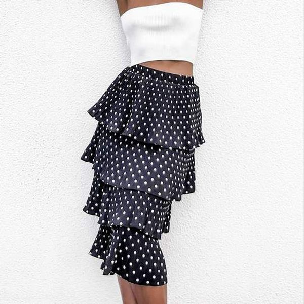 

summer casual female beach boho chiffon polka dot printed pleated ruffled cake skirt pleated printed longskirts for women, Black
