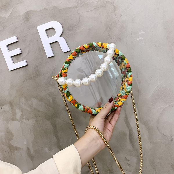 

luxury designer womens shoulder bags inclined shoulder bag handmade weave pearl handheld transparent circular sweet girl multicolor fashion