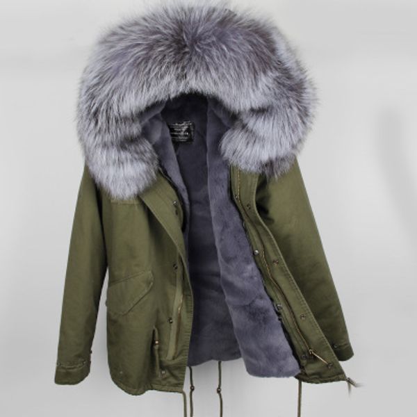 moda pellicce di volpe giacche di pelliccia da donna MAOMAOKONG marca pelliccia di volpe argentata felpa con cappuccio grigio fodera in pelliccia di coniglio verde militare tela militare mini parka