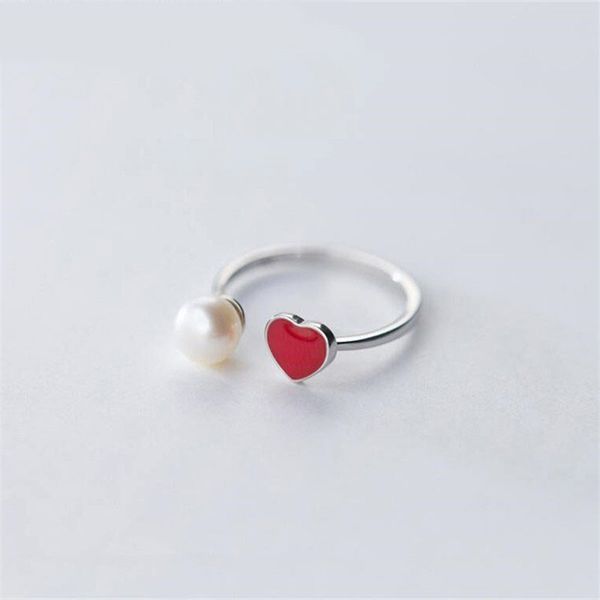 

new 925 sterling silver sweet cute handmade red drop glaze heart pearl opening adjustable ring fashion trend high quality, Slivery;golden