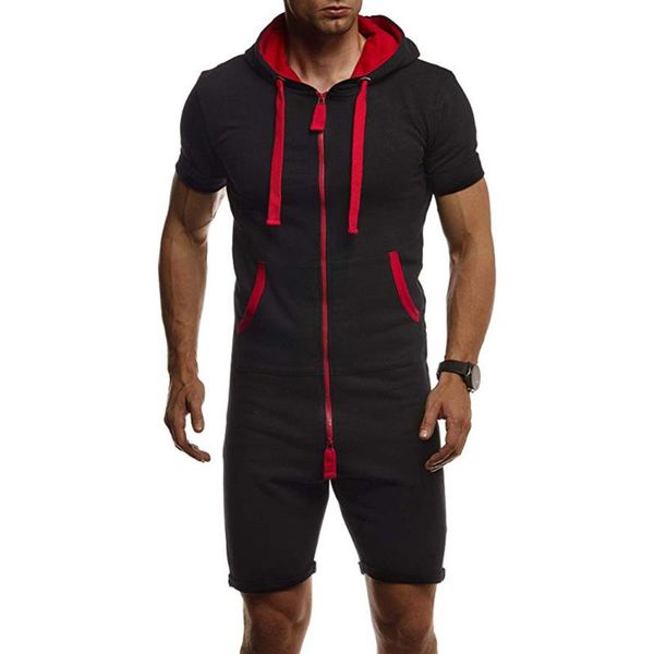 

summer soft men short jumpsuit 2020 short sleeve zip up hooded men overalls sets mens one piece trousers fashion sportwear pants, Black