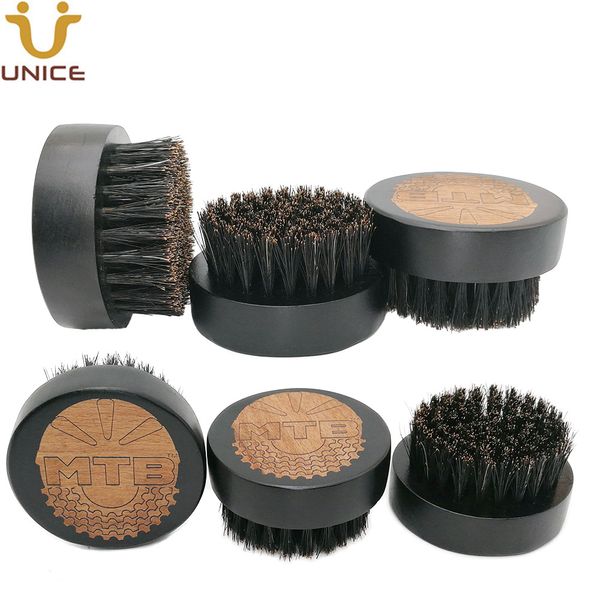 MOQ 50pcs OEM Spazzola per barba in legno nero Inciso al laser LOGO personalizzato Uomo Rotondo in legno per capelli facciali Baffi Spazzole con setole di cinghiale