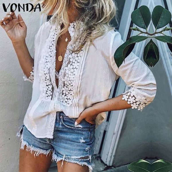

vonda v neck lace floral office shirt summer women blouses 2019 seven sleeve vintage blouse beach party blusas s-5xl, White