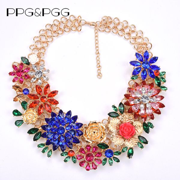

ppg&pgg india design big chain heavy metal necklace luxury collar fashion woman flower statement rhinestone necklace jewelry, Silver