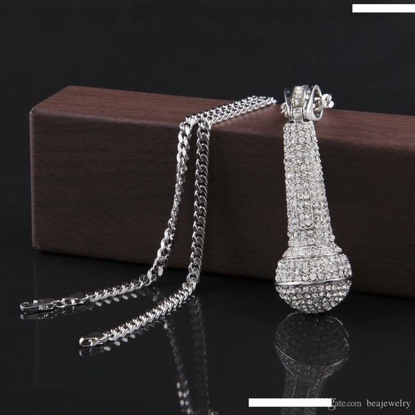 

iced out hip hop gold cz microphone pendant necklace 2016 new fashion personalized zinc alloy men rapper music jewelry, Silver