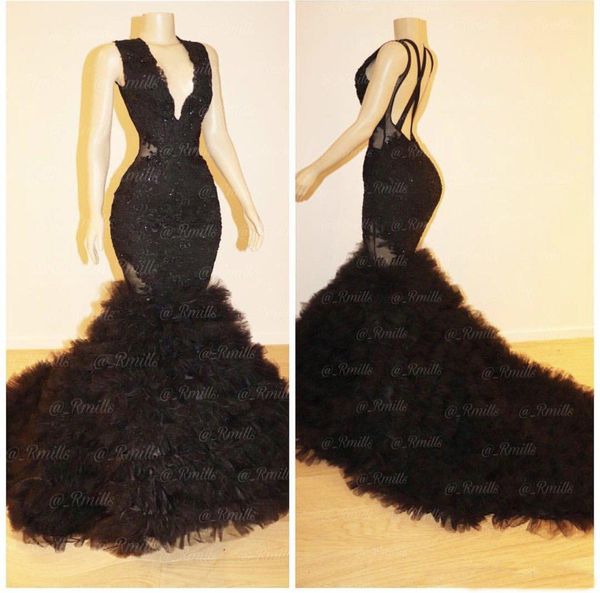 

Black Ruffles Mermaid Prom Dresses 2019 Backless Criss Cross V-neck Sweep Train Evening Gowns Custom Made Arabic Party Dresses