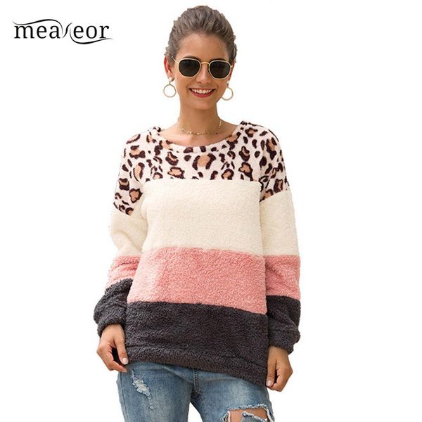 

women casual o-neck long sleeve leopard patchwork stuffed  sweater regular fit, pullover hips length, White;black