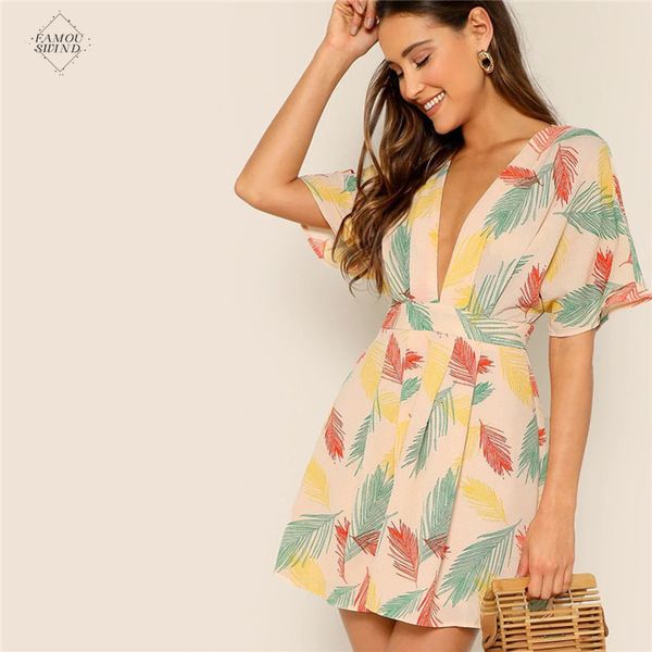 

neck summer dress tied open back tropical dress deep v neck fit plunge and flare women dresses short sleeve, Black;gray