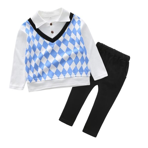 

spring autumn casual toddler fall clothes baby boy fake two pieces plaid printing long sleeve trousers kids outfit set, White