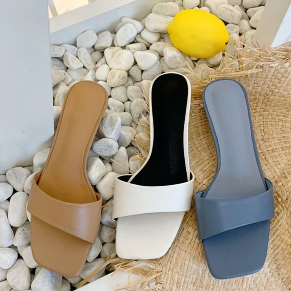 

slippers women summer female shoes med mules luxury slides 2020 designer flat pu hoof heels scandals fabric square heel, Black