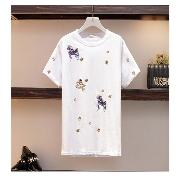 

2019 new brand spring summer fashion loose sequin cotton t-shirt tee blusas, White