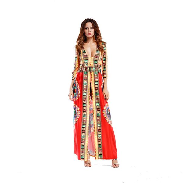 

summer women bohemian long dresses deep v-neck digital printed long dresses african totem ethnic dress, Black