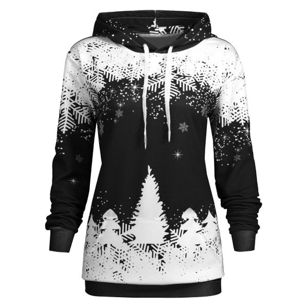 

2019 winter sweatshirt women harajuku streetwear christmas tree print kawaii fashion hoodie hooded women clothes blouse, Black