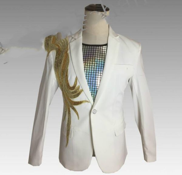 

new white clothes men dance star style dress suits terno stage costumes for singers jacket men embroidery blazer, White;black