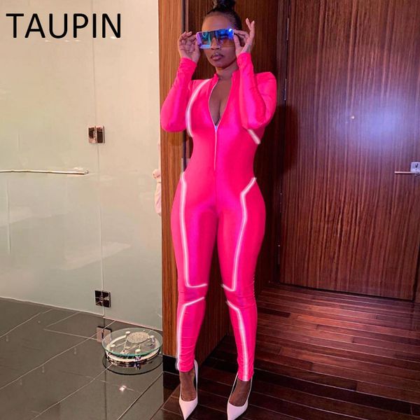 

reflective strip stitching long rompers womens autumn zipper skinny solid elastic body jumpsuit slim 2019 street jumpsuits, Black;white