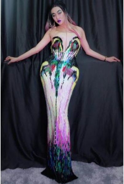 

fashion sparkly colorful sequins dress stretch slim evening wear female singer outfit birthday long dress party stage, Black;gray