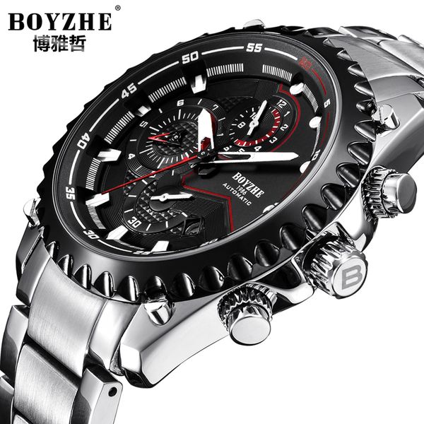 

boyzhe men automatic mechanical watch stainless steel waterproof luminous sports business watch relogio masculino, Slivery;brown