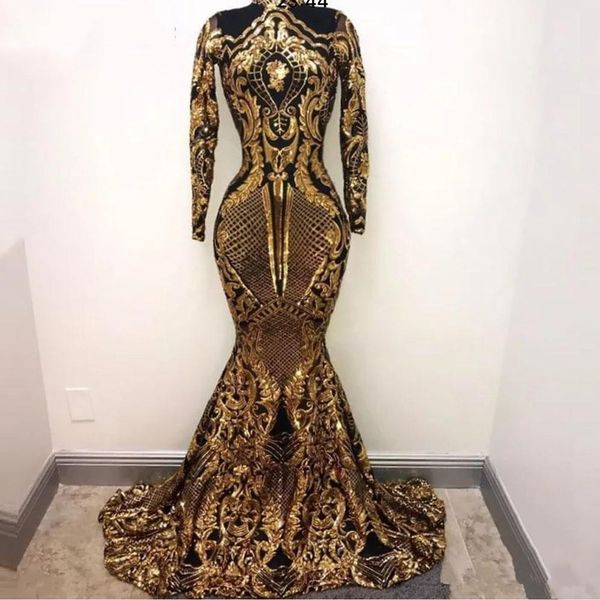 Yousef Aljasmi Gold Arabische Abendkleider Muslim Lange Ärmel Meerjungfrau 2019 Pailletten Marokkanisches Kaftan-Abschlussballkleid Formelle Partykleider