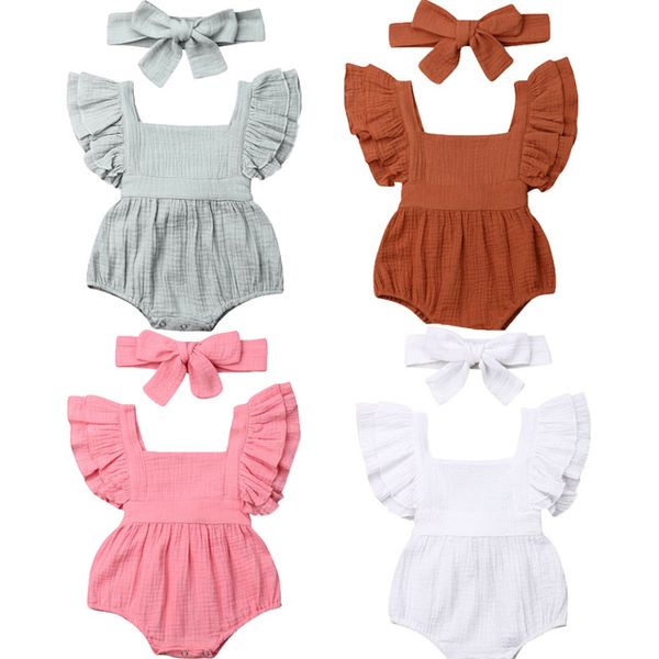 

2020 summer newborn baby girl boy 2pcs summer sleeves clothes ruffle linen bodysuit hairband casual cute outfits, Blue