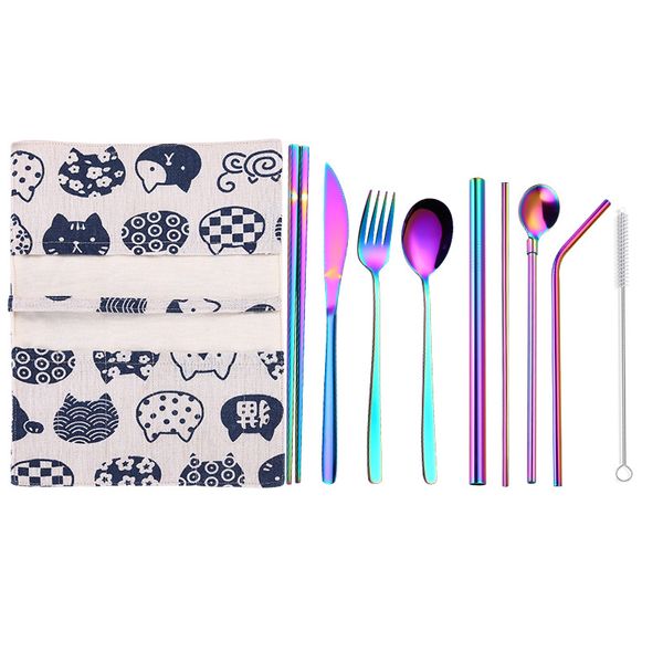 

9pcs/set 5 colors high-grade gold cutlery flatware set spoon fork knife drinking straw teaspoon stainless dinnerware set
