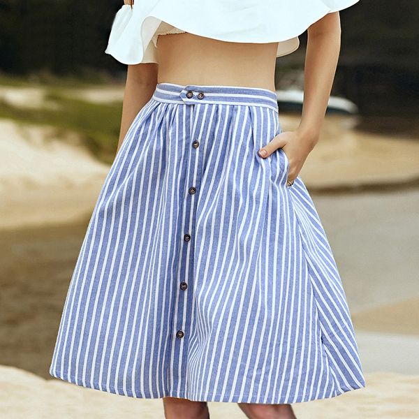 

skirts for women a line striped blue single breasted skirt women spring summer casual high waist skirts cute ladies skirt femme, Black