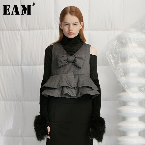 

eam] women loose fit gray ruffles bow temperament vest new v-collar sleeveless fashion tide spring autumn 2019 1h659, Black;white