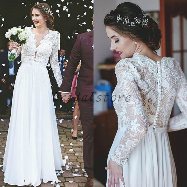 

white bohemian wedding dresses lace jewel neckline lace long sleeve bridal country gown floor length chiffon beach bride dress