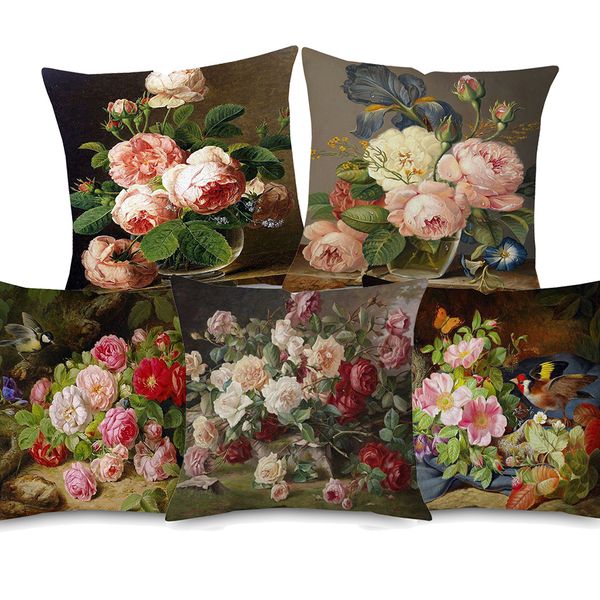 Acheter 5 Styles Vintage Style Peinture à Lhuile Coussin Fleur Couvre Européenne Rétro Oiseaux Et Fleurs Art Coussin Couverture Décorative En Lin