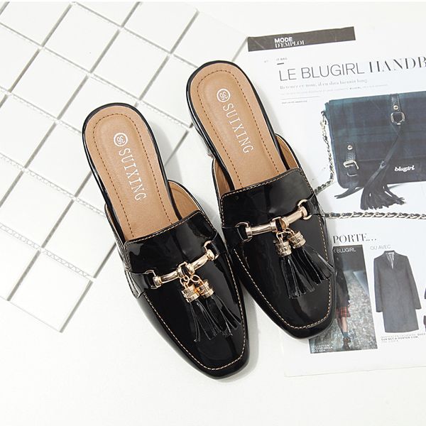 

women mules outdoor slippers closed toe slides pu leather slipers flats fringe fashion lady mules women casual shoes comfort, Black