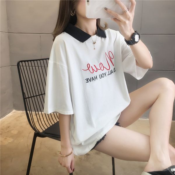 

2020 student casual lapel ins short sleeve t-shirt women all-match large size women's wear t-shirt top, White