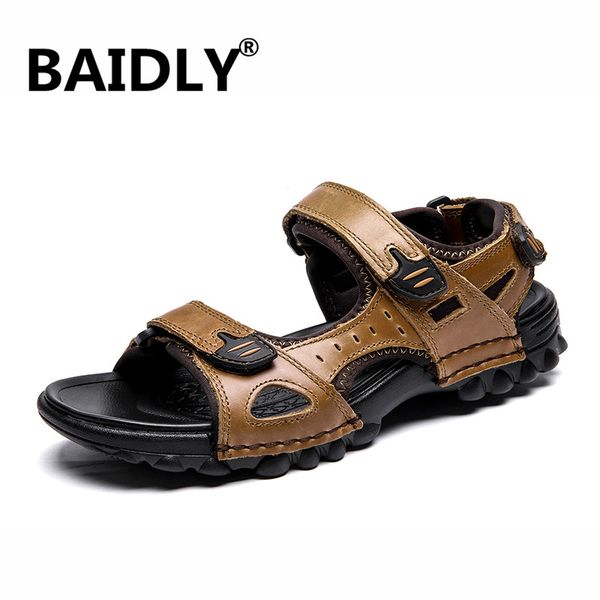 

sandals men's summer shoes cow split leather men hollow platform business genuine moccasins big size, Black