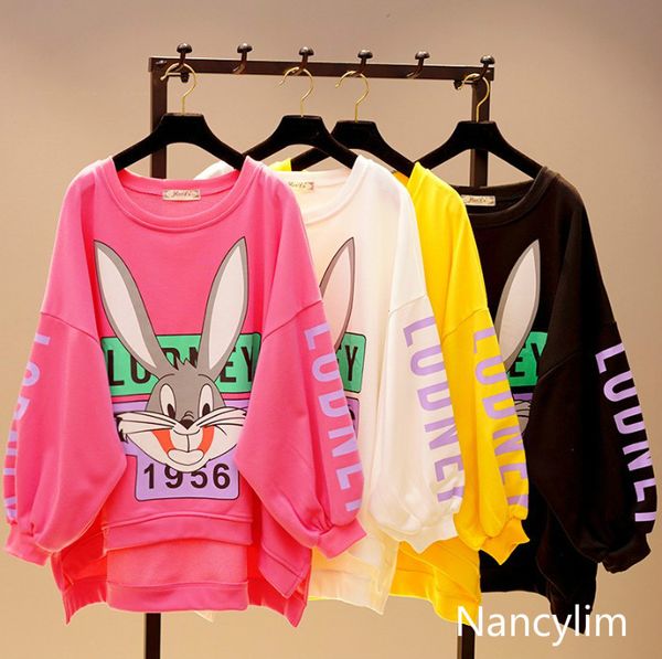 

nancylim spring cartoon print round collar pullover shirt girls student bat shirt autumn plus size long sleeve sweatshirt, Black