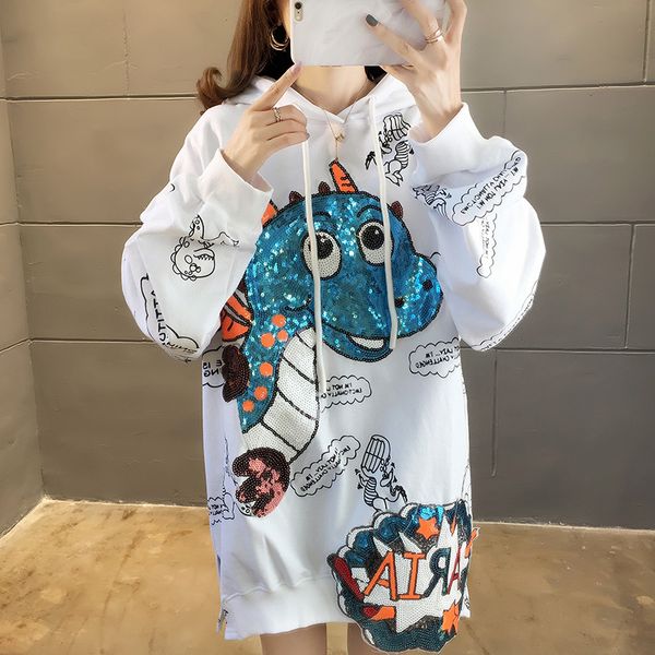 

cartoon sequined hoodies sweatshirts women long sleeve print pullovers patchwork outwear oversize sweatshirts vintage cute w224, Black