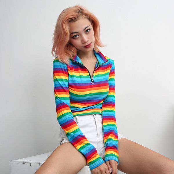

rainbow stripes t-shirt women clothing clothes high collar zipper navel short tees 248, White