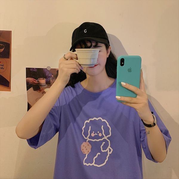 

сыпучие мило футболка женская футболка top coat 2020 сладкий студент короткий рукав фиолетовый топ модные инов, White