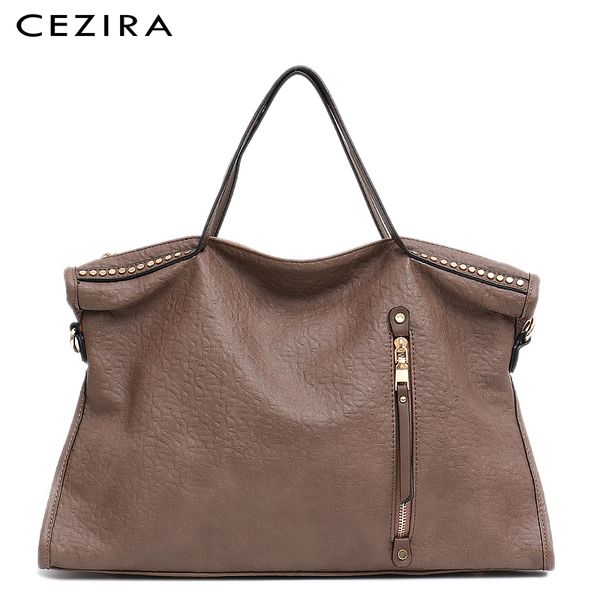 

cezira large women tote handbag carry shoulder bag vintage rivets handbag female zipper pu leather messenger purse bag