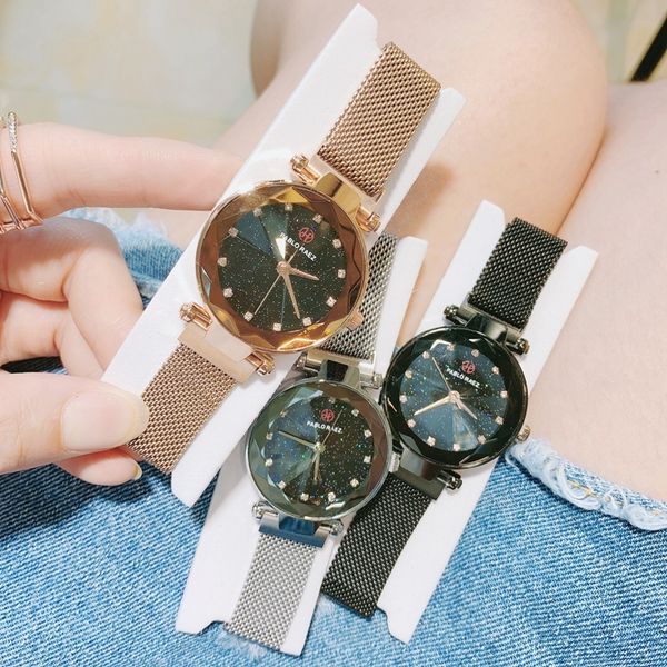 

2019 new magnet buckle purple women watch fashion luxury steel design relojes de marca mujer lady dress watch with starry sky, Slivery;brown