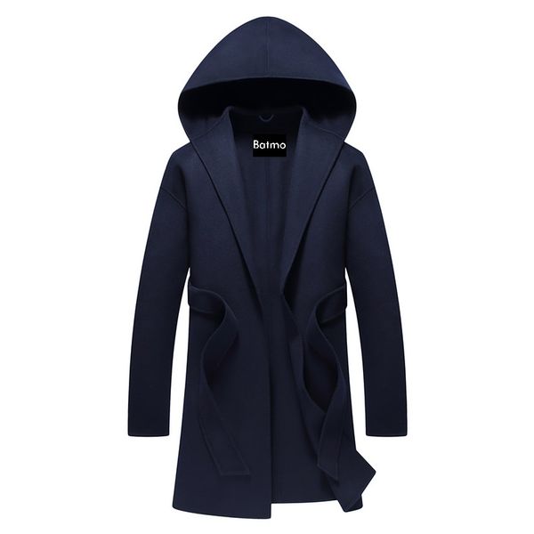 

batmo 2017 new arrival winter double-sided wool thick hooded trench coat,black winter robe men 06-712