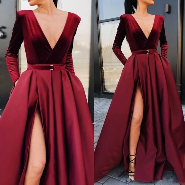

2019 new deep v neck satin a line long prom dresses long sleeves velvet ruched split floor length formal party evening dresses, Black