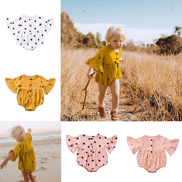 

4 Colors Baby Romper Summer Jumpsuit Flare Sleeves Cherry Cactus Printed Infant Girl Princess Onesies Bodysuit Clothes With Button