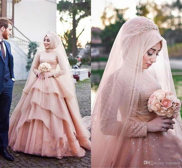 

2019 luxurious muslim a line wedding dresses long sleeve tiers beaded arabic country wedding dress plus size vestido de noiva bridal gown, White