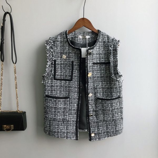 

mooirue summer female plaid vest coat single breasted cotton slim korean straight cardigan feminine, Black;white