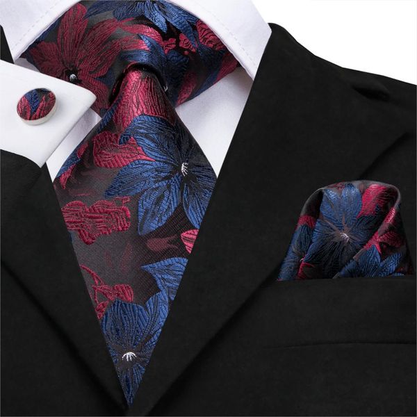 

sn-3125 hi-tie 8.5cm silk men tie floral red blue neckties for men classic party wedding pocket square cufflinks luxury tie set, Blue;white