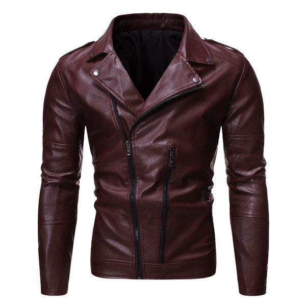 

mens leather jacket autumn winter leather coat with slanted zipper lapel and slim figure for high-grade pu jacket, Black