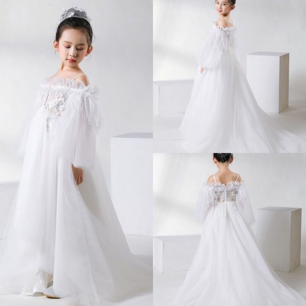 Adorável A Line Flower Girls' Dresses White Spaghetti Tulle Pageant Dress Applique High Low Chiffon Dress For Wedding