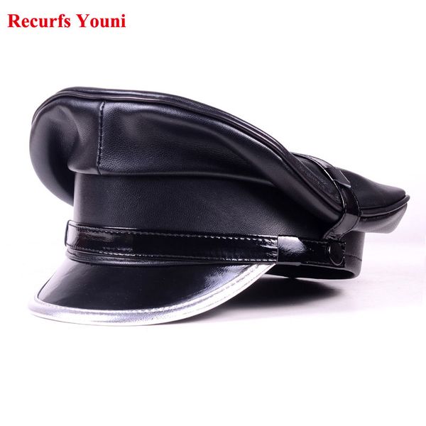 

luxury winter genuine leather hat men male germany officer visor cap locomotive retro german hat cortical casquette, Blue;gray