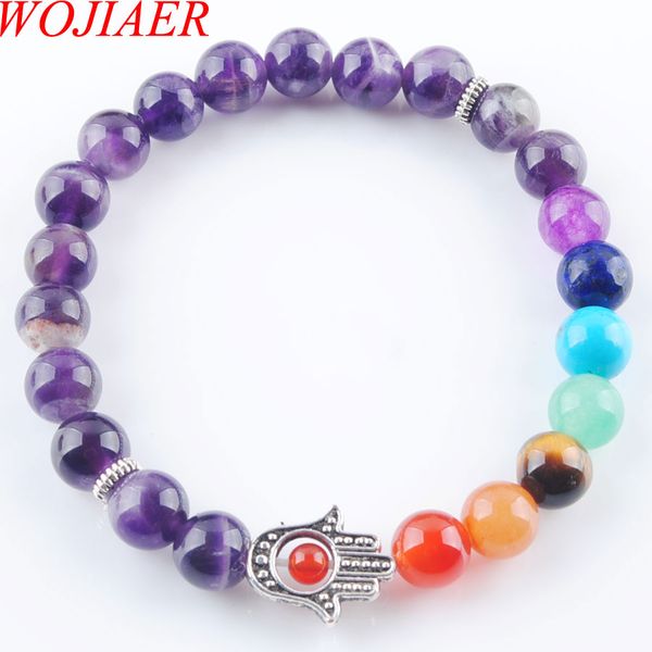 

wojiaer 8mm natural amethysts stone round beads palm bracelets 7 chakra healing mala meditation prayer yoga women jewelry dk3251, Black