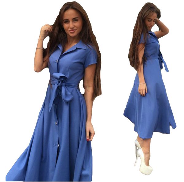 

синий женщины vintage пояса кнопка maxi платье с коротким рукавом turn down воротник офис элегантная платье партии 2019 летняя мода женщин п, Black;gray